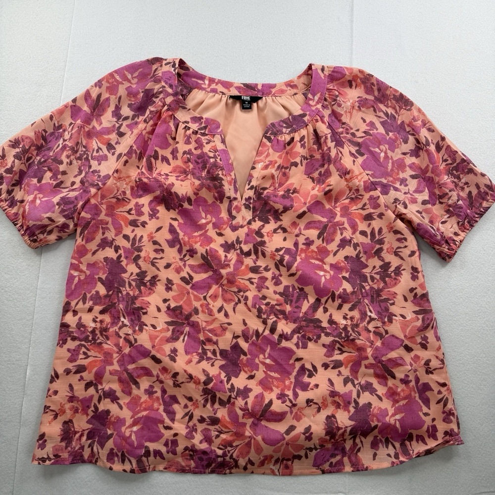 Frye Womens M Peach Pink Purple Floral Short Sleeve V-Neck Boho Blouse
